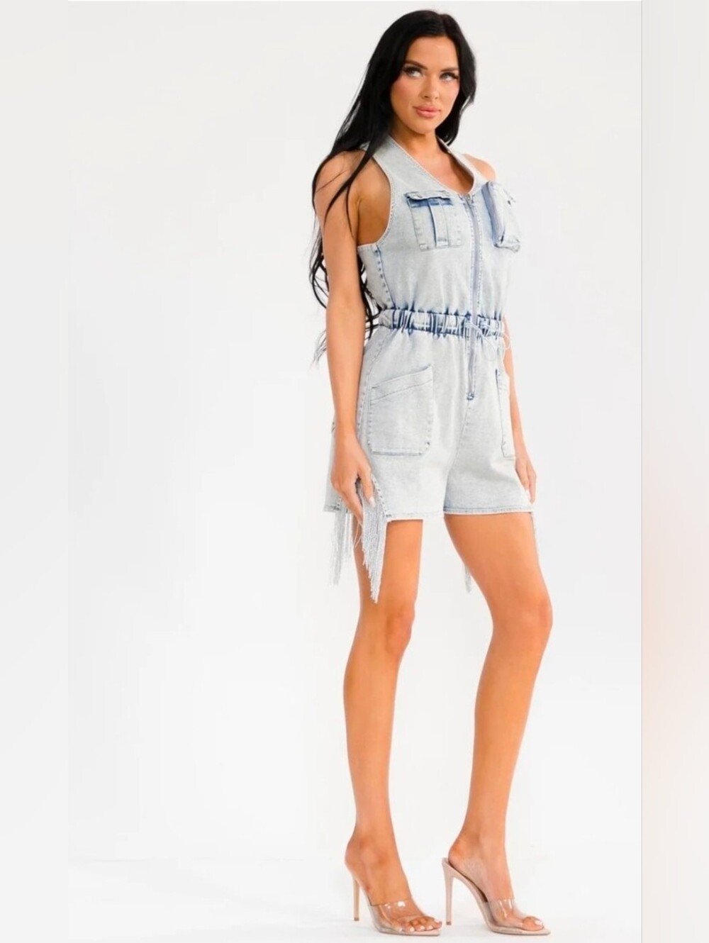 Light Wash Denim Romper with Frayed Sides